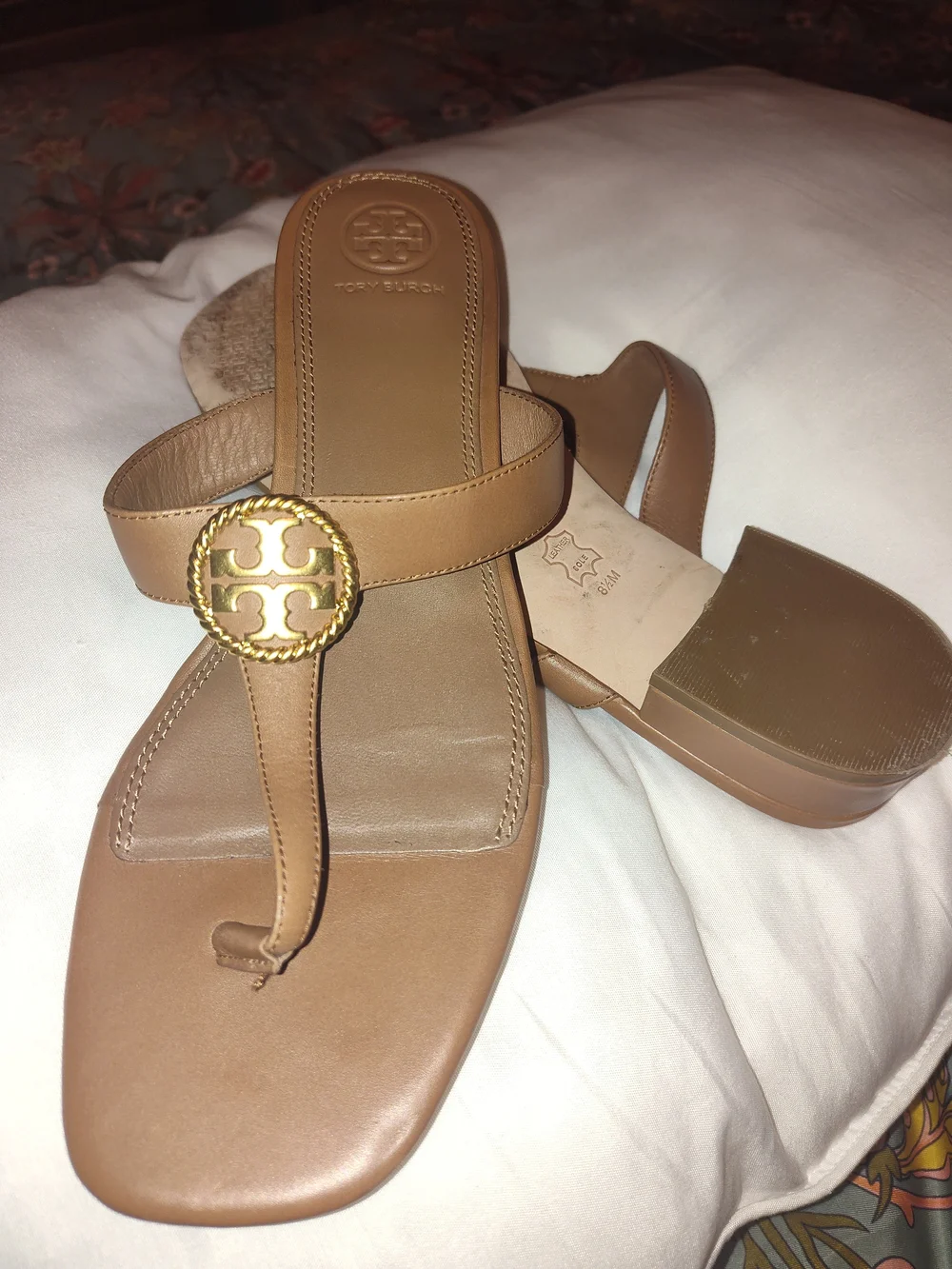Tory Burch Brown Leather Thong Sandals with Gold Logo Emblem